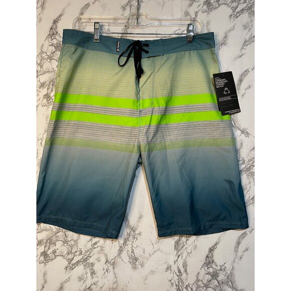 Hurley Men's Board Shorts Green & Blue Striped Swim Trunks Size 31 - Picture 1 of 9